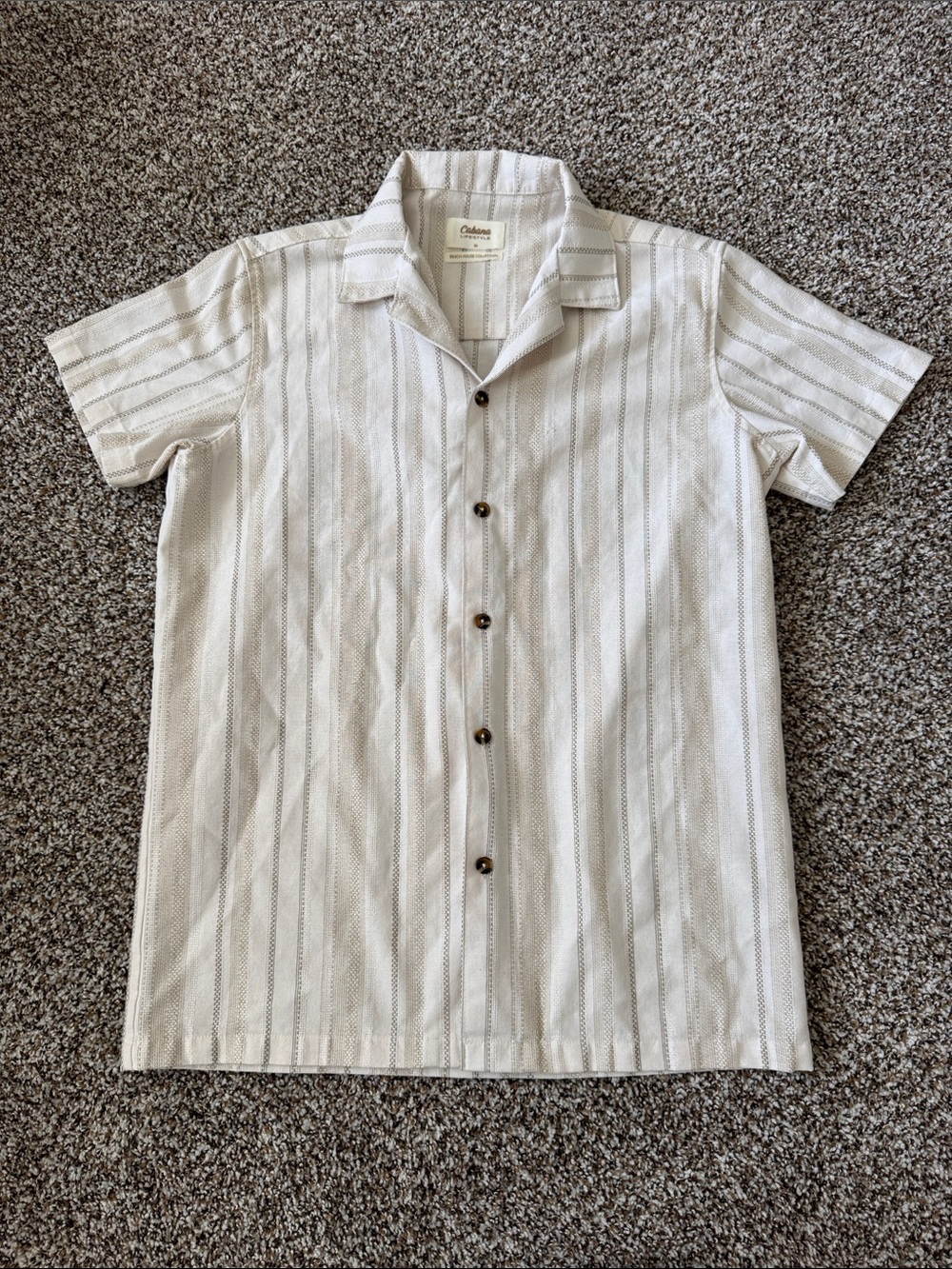 Cabana Life Cream and Light Brown Striped Short-Sleeve Button-Down Shirt